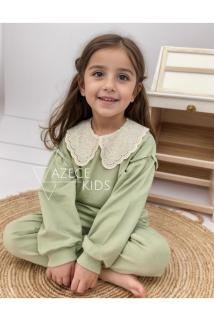 Pastel Yeşil Brode Bebe Yaka %100 Pamuk Oversize Kız Çocuk Alt Üst Takım Eşofman Takımı